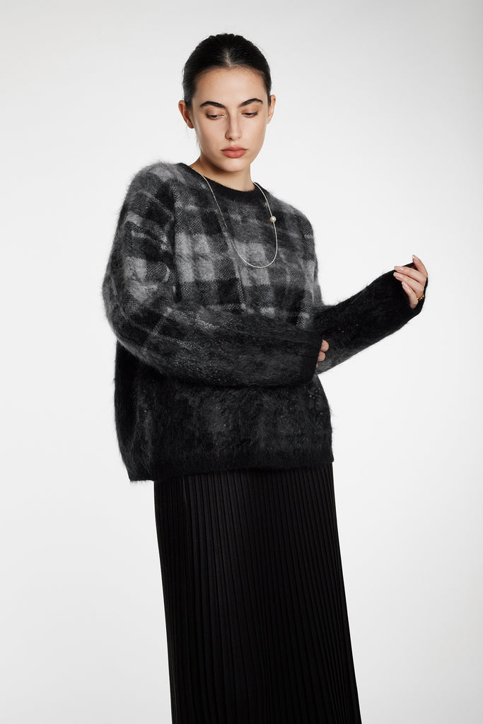 Fuzzy Brushed Cashmere Plaid Pullover Sweater  Fibflx