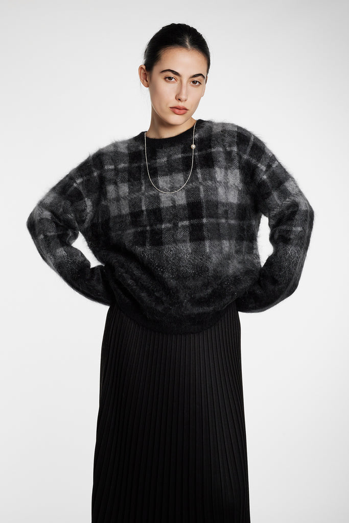 Fuzzy Brushed Cashmere Plaid Pullover Sweater  Fibflx