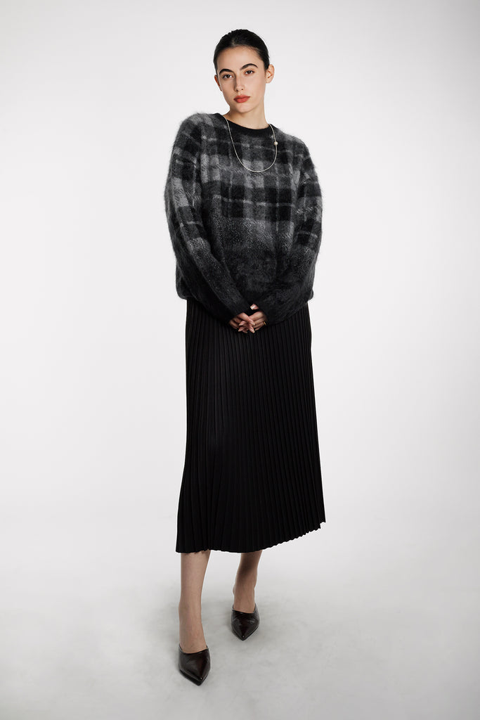 Fuzzy Brushed Cashmere Plaid Pullover Sweater  Fibflx