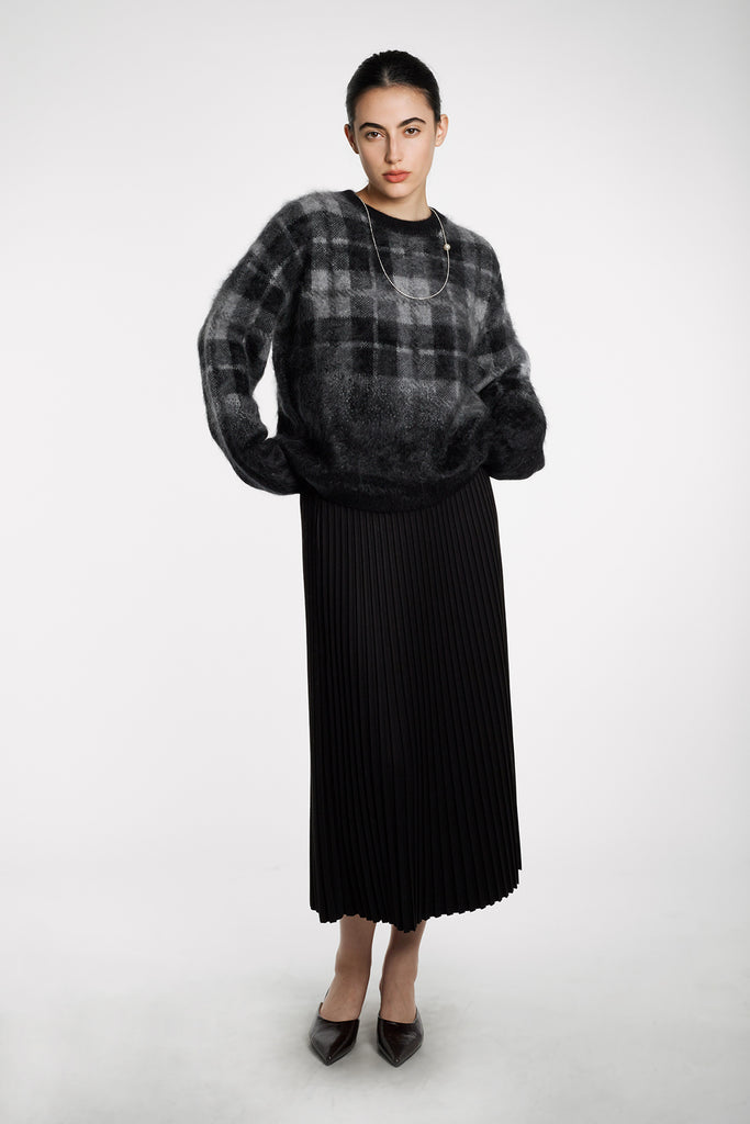 Fuzzy Brushed Cashmere Plaid Pullover Sweater  Fibflx