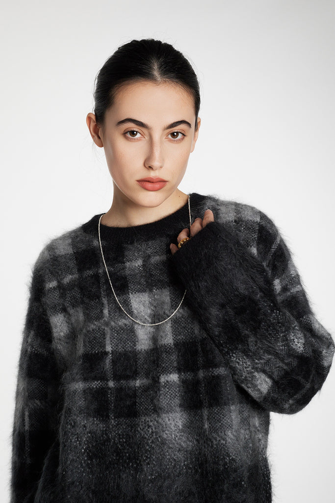 Fuzzy Brushed Cashmere Plaid Pullover Sweater  Fibflx