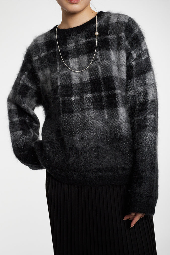 Fuzzy Brushed Cashmere Plaid Pullover Sweater  Fibflx