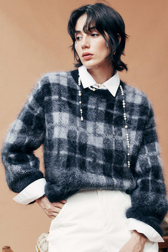 Fuzzy Brushed Cashmere Plaid Pullover Sweater  Fibflx