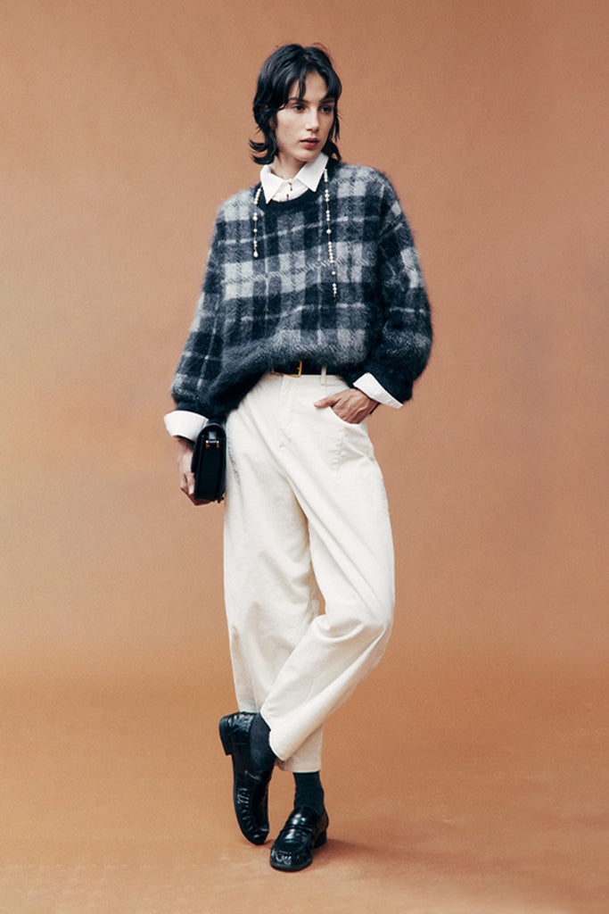 Fuzzy Brushed Cashmere Plaid Pullover Sweater  Fibflx