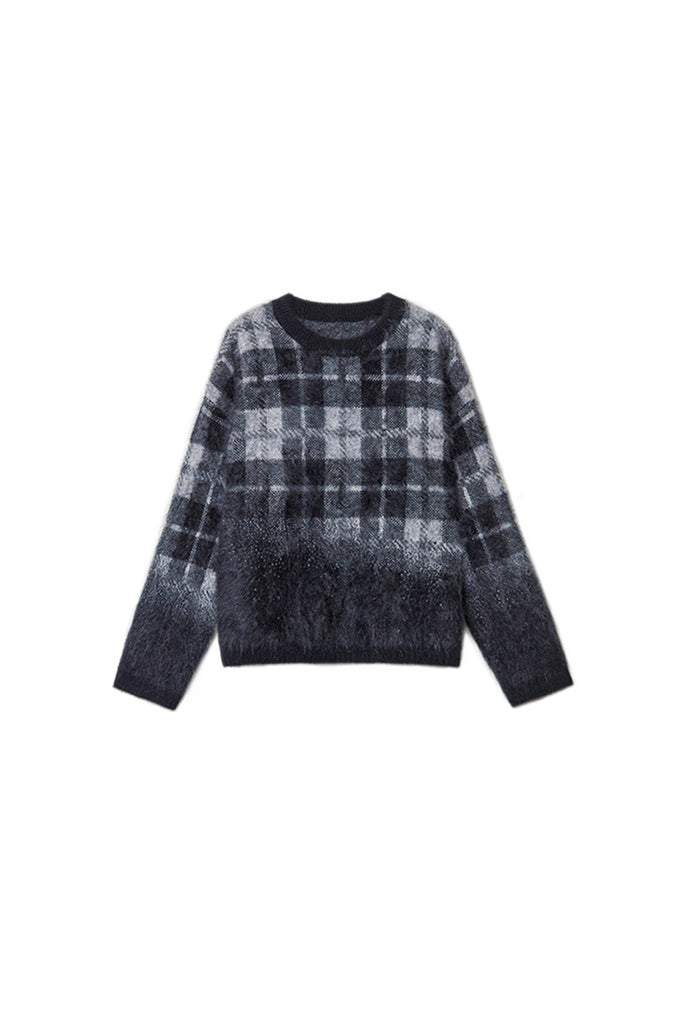 Fuzzy Brushed Cashmere Plaid Pullover Sweater  Fibflx