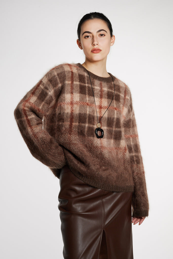 Fuzzy Brushed Cashmere Plaid Pullover Sweater Chocolate Brown / M / 100% Cashmere (Weight: 470g  Fibflx
