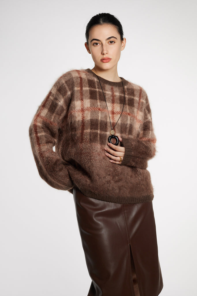 Fuzzy Brushed Cashmere Plaid Pullover Sweater  Fibflx