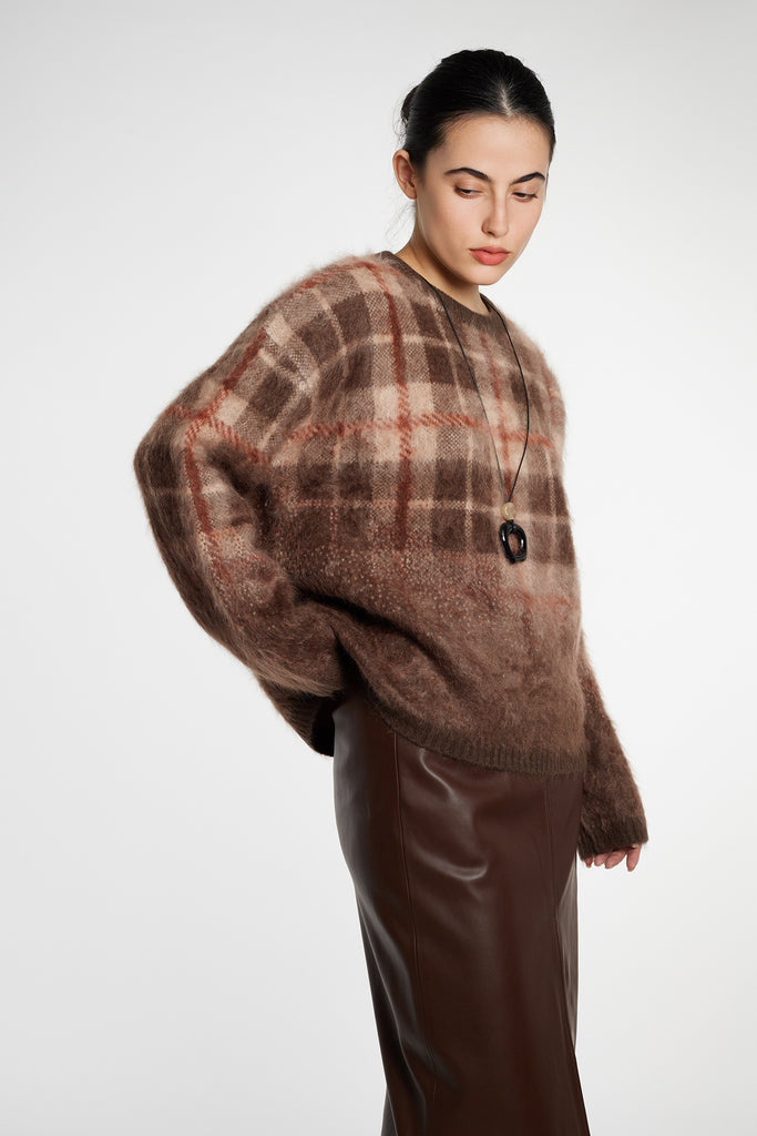 Fuzzy Brushed Cashmere Plaid Pullover Sweater  Fibflx