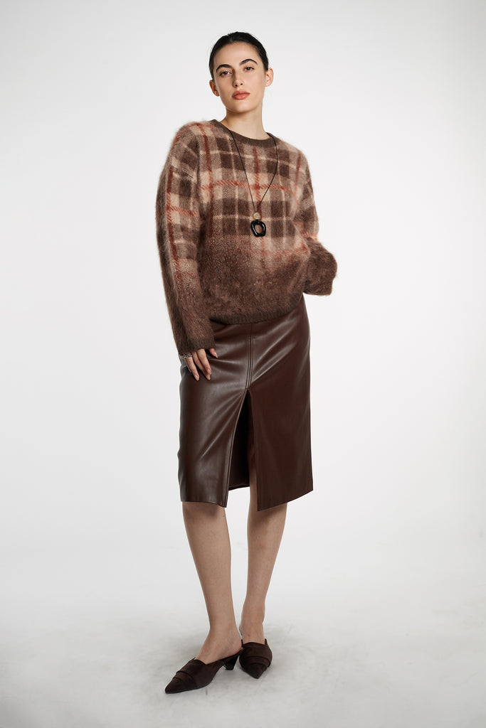 Fuzzy Brushed Cashmere Plaid Pullover Sweater  Fibflx