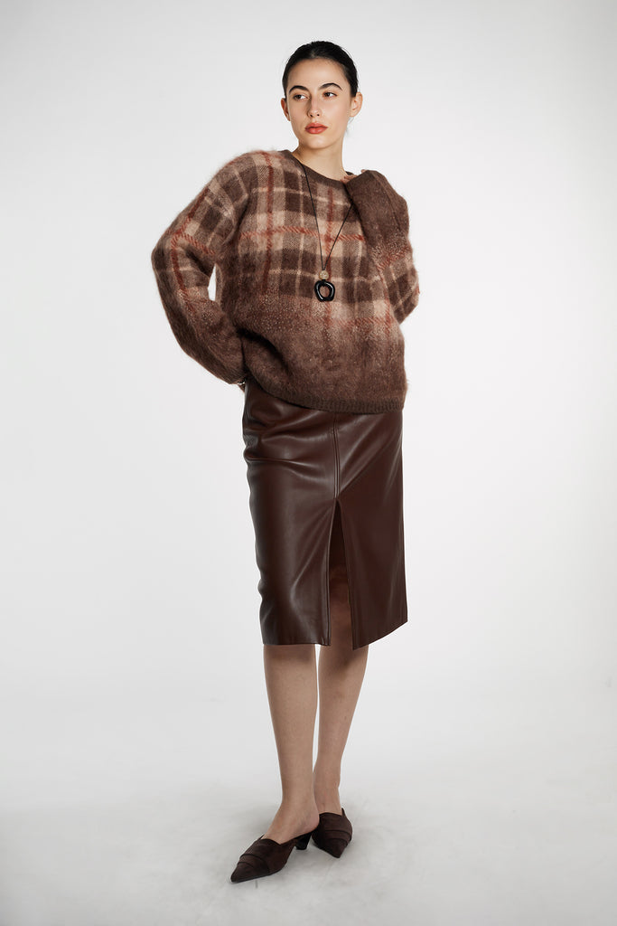 Fuzzy Brushed Cashmere Plaid Pullover Sweater  Fibflx