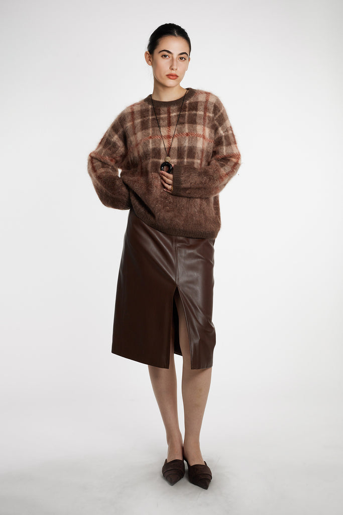 Fuzzy Brushed Cashmere Plaid Pullover Sweater  Fibflx