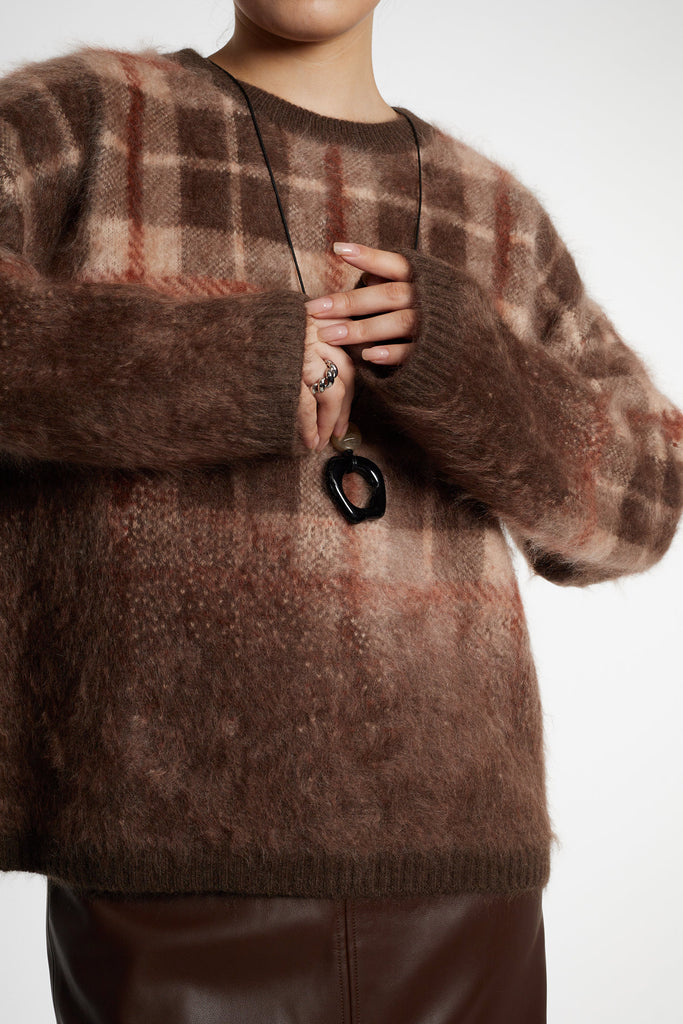 Fuzzy Brushed Cashmere Plaid Pullover Sweater  Fibflx