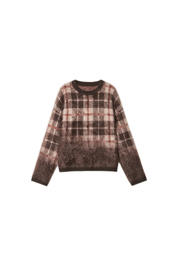 Fuzzy Brushed Cashmere Plaid Pullover Sweater  Fibflx