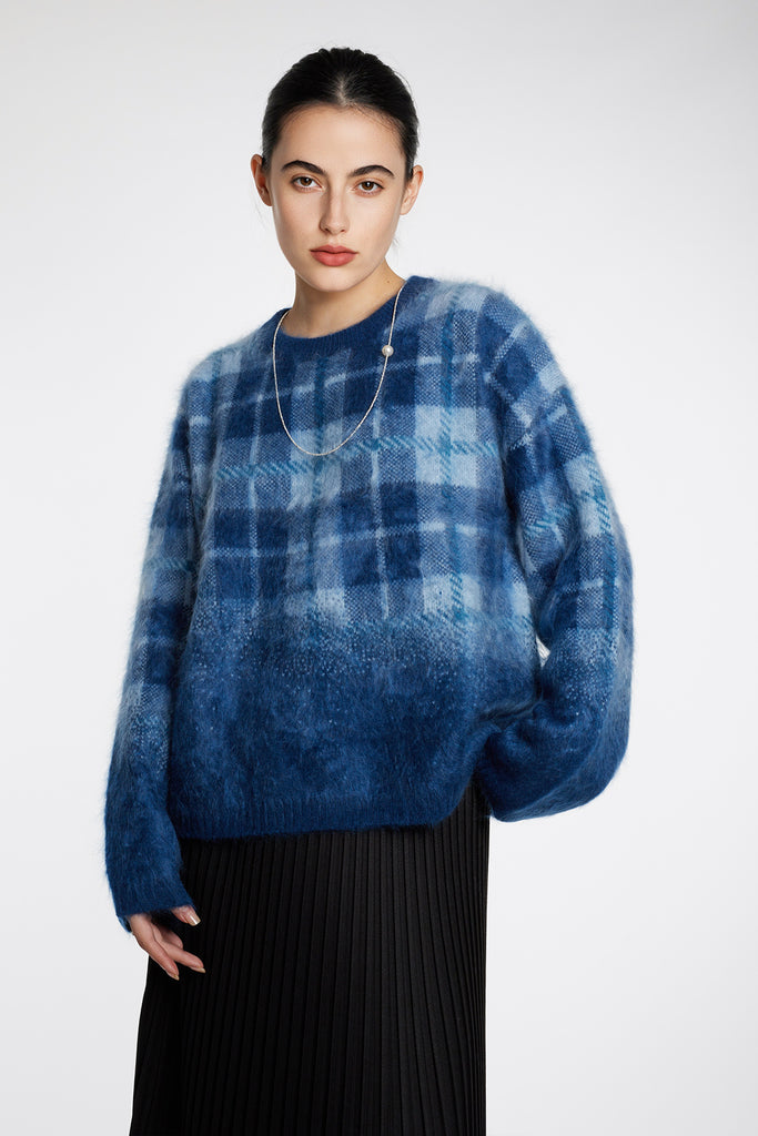Fuzzy Brushed Cashmere Plaid Pullover Sweater Klein Blue / M / 100% Cashmere (Weight: 470g (±10g Fibflx