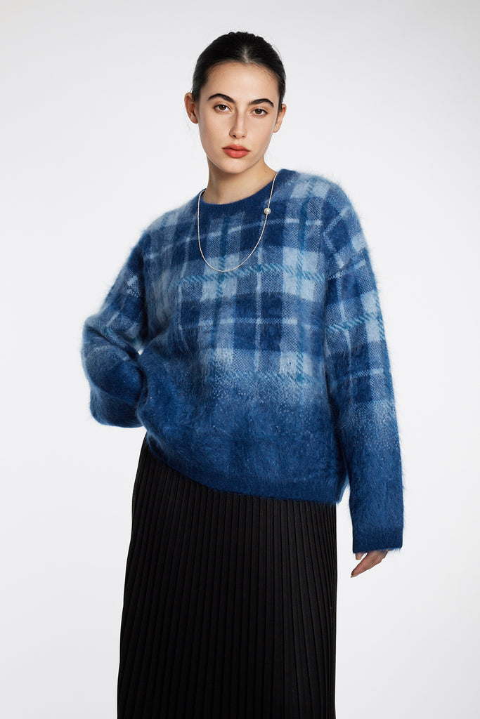 Fuzzy Brushed Cashmere Plaid Pullover Sweater  Fibflx