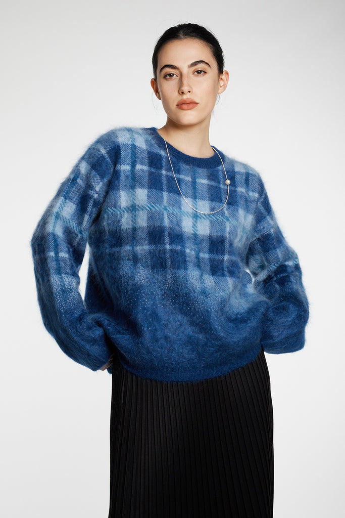 Fuzzy Brushed Cashmere Plaid Pullover Sweater  Fibflx