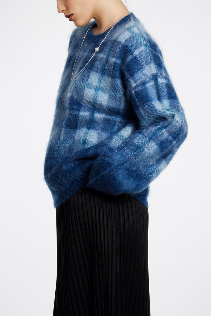 Fuzzy Brushed Cashmere Plaid Pullover Sweater  Fibflx