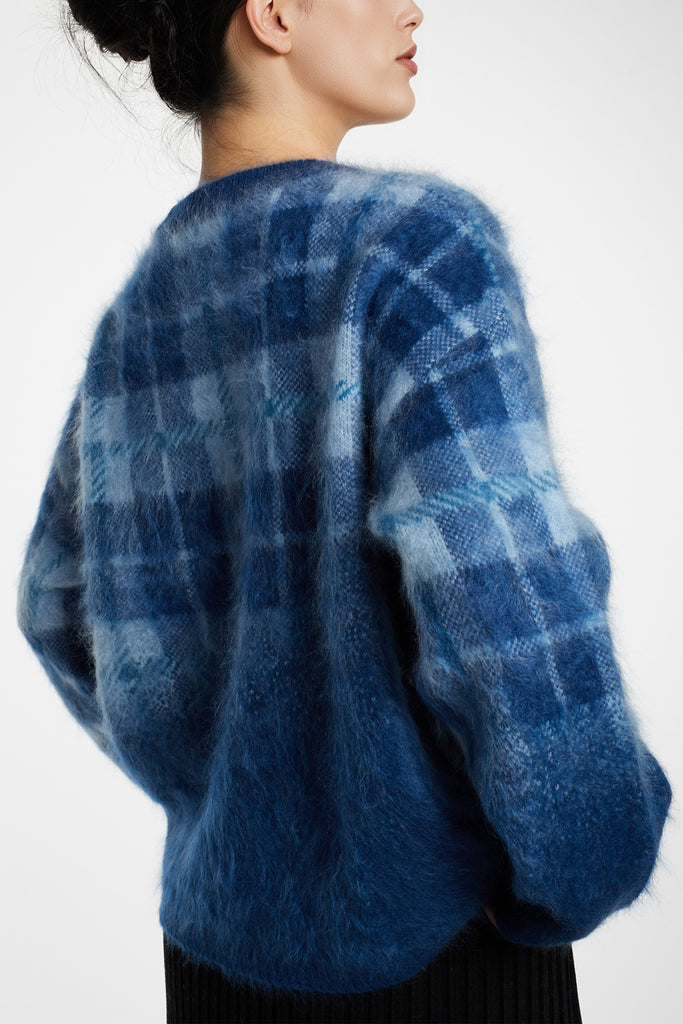 Fuzzy Brushed Cashmere Plaid Pullover Sweater  Fibflx