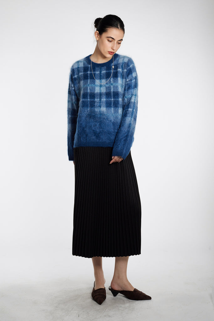 Fuzzy Brushed Cashmere Plaid Pullover Sweater  Fibflx