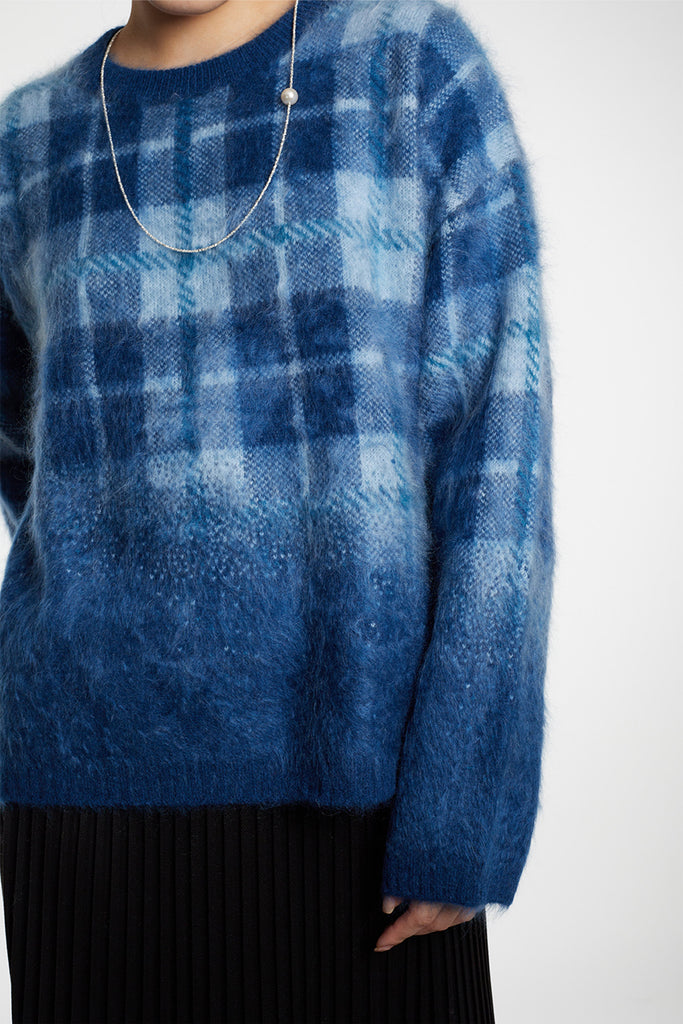 Fuzzy Brushed Cashmere Plaid Pullover Sweater  Fibflx