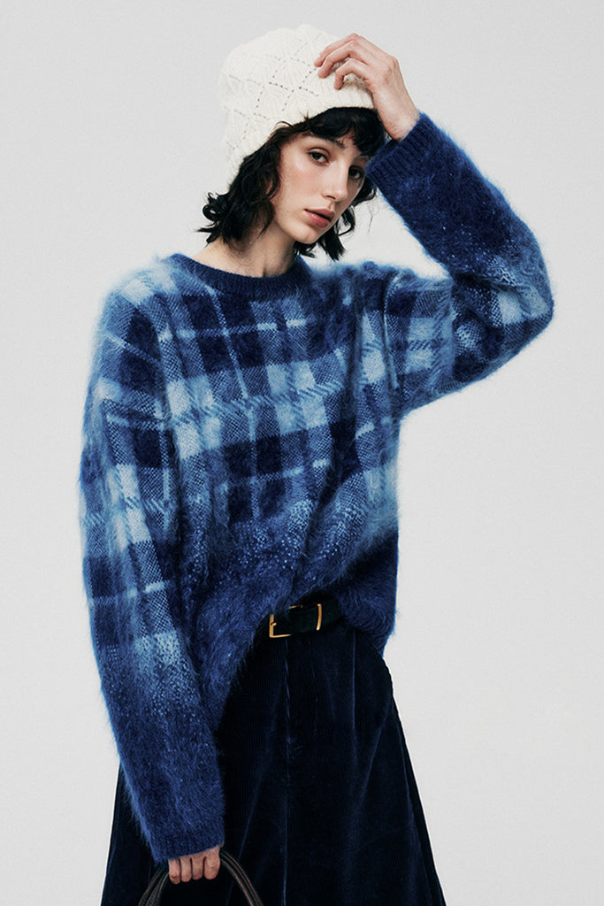 Fuzzy Brushed Cashmere Plaid Pullover Sweater  Fibflx