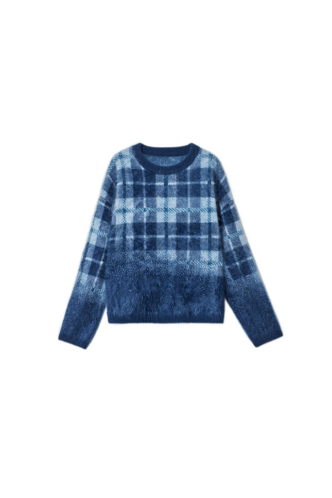 Fuzzy Brushed Cashmere Plaid Pullover Sweater  Fibflx