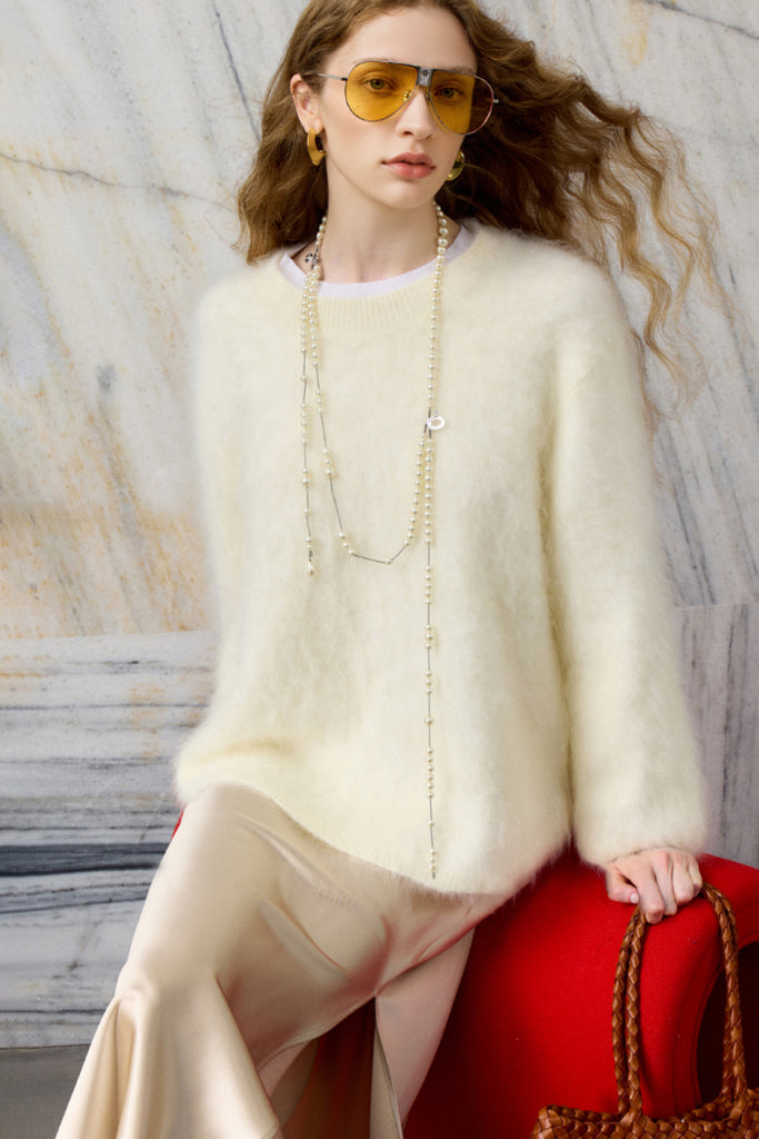 Fuzzy Oversized Brushed Cashmere Crewneck Sweater  Fibflx