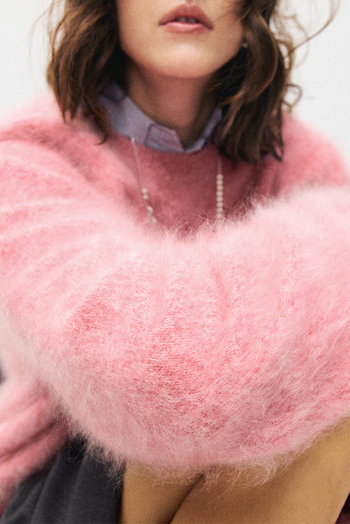 Fuzzy Oversized Brushed Cashmere Crewneck Sweater  Fibflx