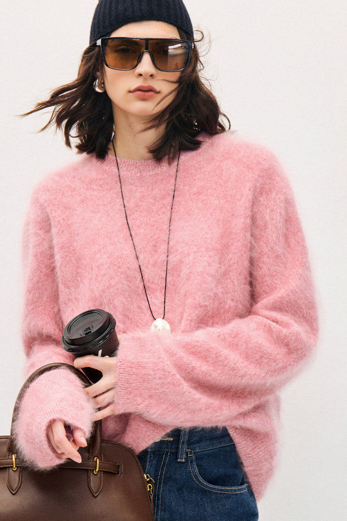 Fuzzy Oversized Brushed Cashmere Crewneck Sweater  Fibflx