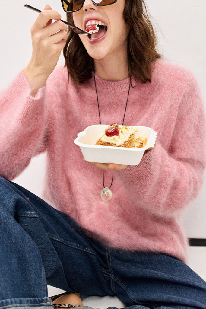 Fuzzy Oversized Brushed Cashmere Crewneck Sweater  Fibflx