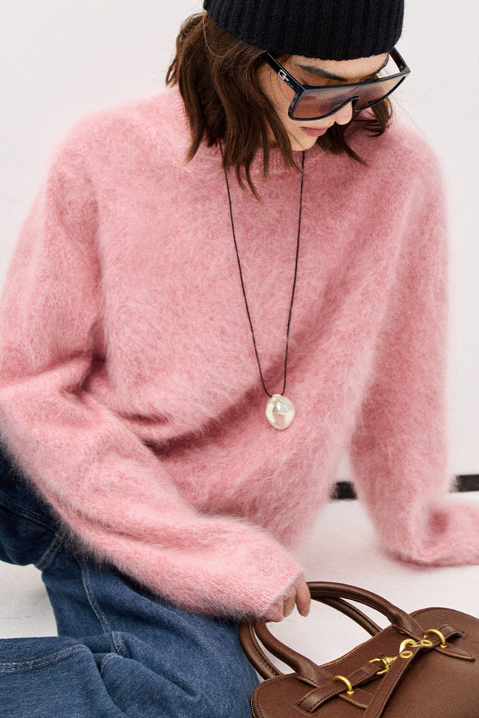 Fuzzy Oversized Brushed Cashmere Crewneck Sweater  Fibflx
