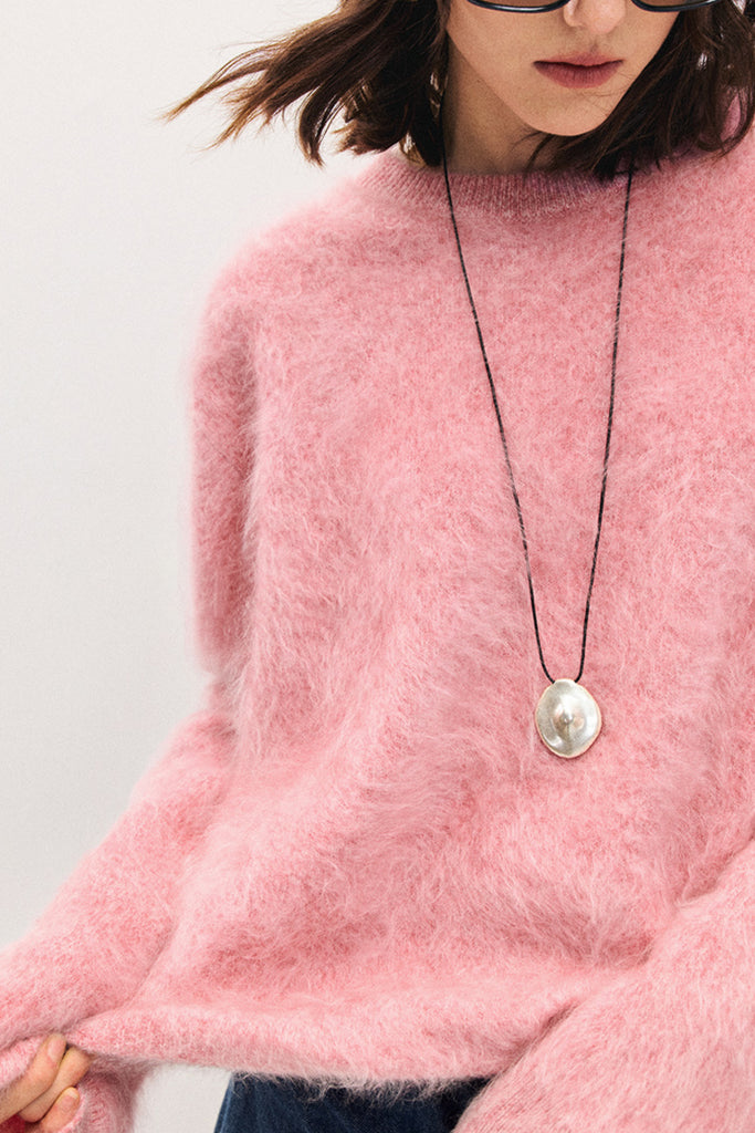 Fuzzy Oversized Brushed Cashmere Crewneck Sweater  Fibflx
