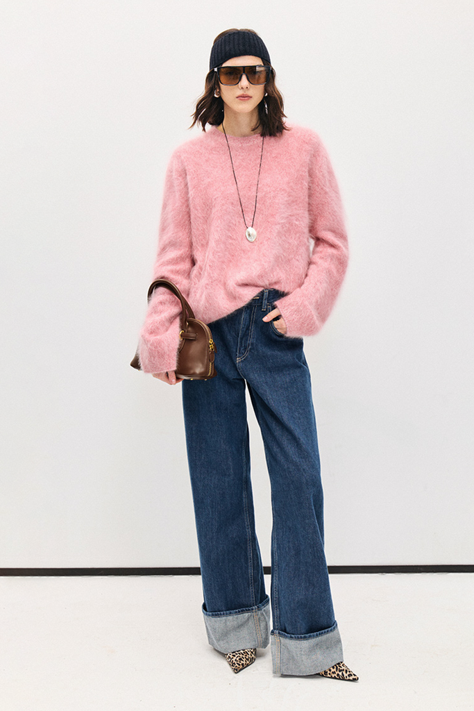 Fuzzy Oversized Brushed Cashmere Crewneck Sweater  Fibflx