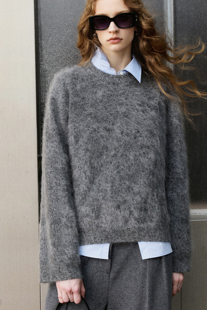 Fuzzy Oversized Brushed Cashmere Crewneck Sweater  Fibflx