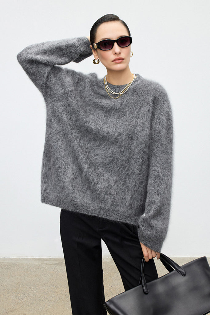 Fuzzy Oversized Brushed Cashmere Crewneck Sweater  Fibflx