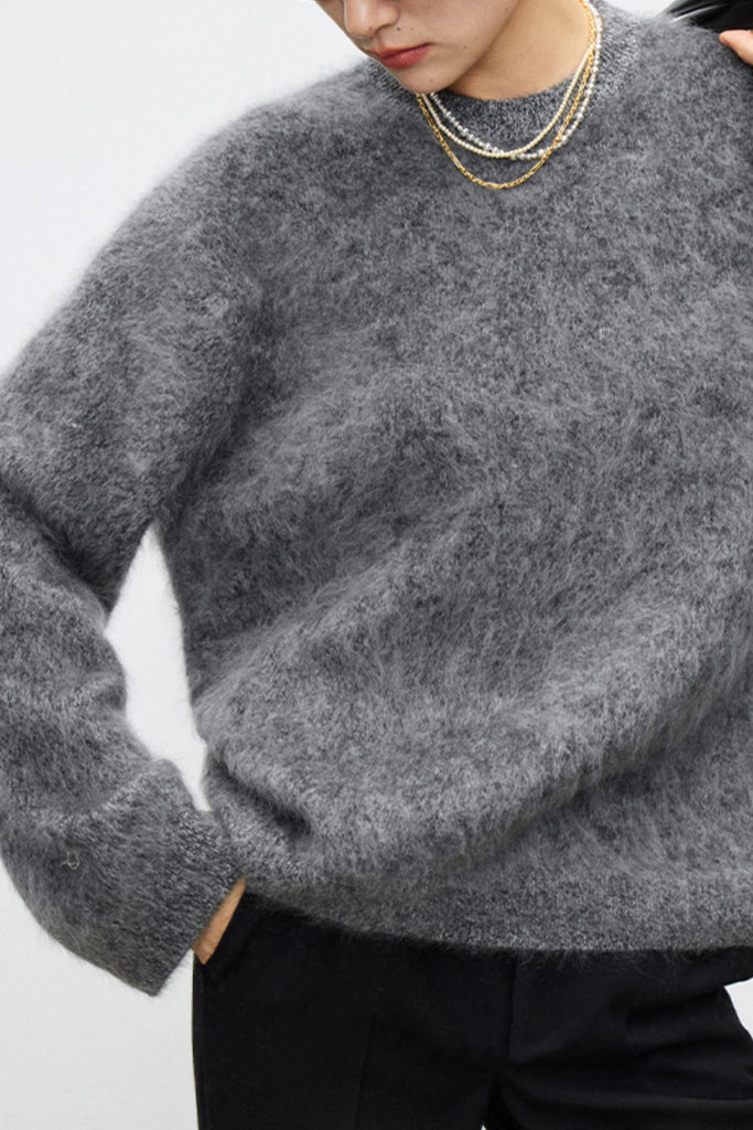 Fuzzy Oversized Brushed Cashmere Crewneck Sweater  Fibflx