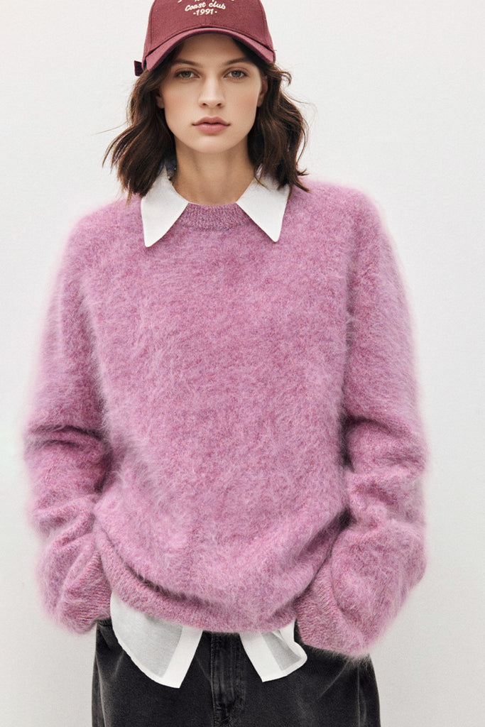 Fuzzy Oversized Brushed Cashmere Crewneck Sweater  Fibflx