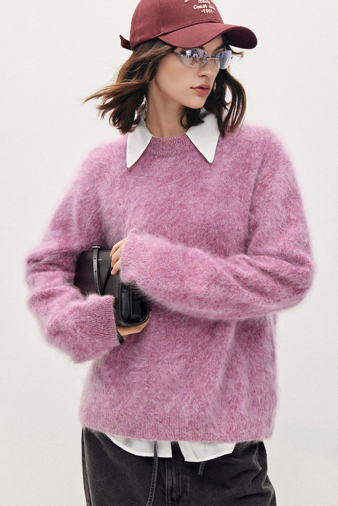 Fuzzy Oversized Brushed Cashmere Crewneck Sweater  Fibflx