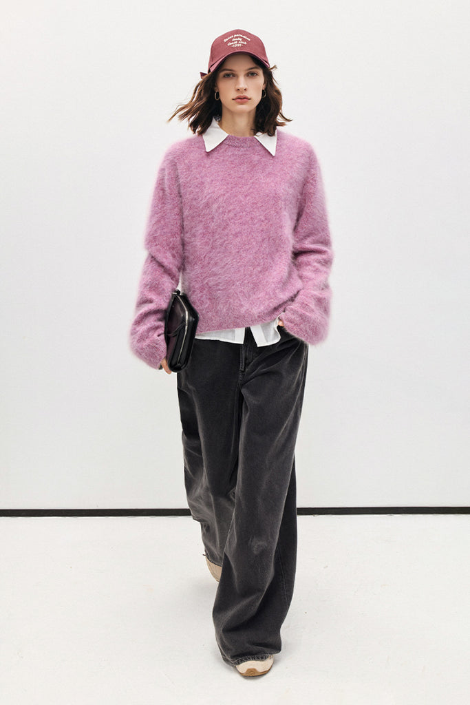 Fuzzy Oversized Brushed Cashmere Crewneck Sweater  Fibflx