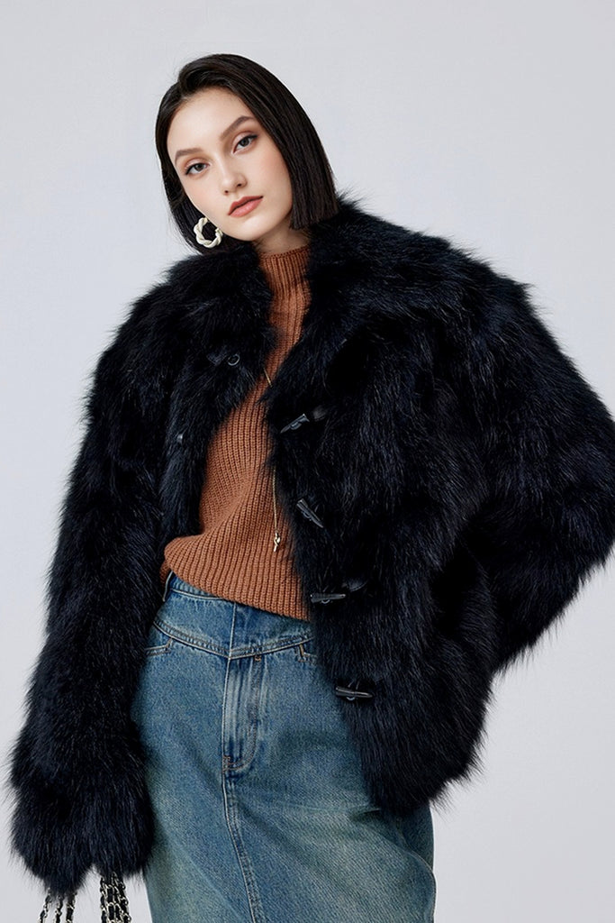 Genuine Fox Fur Toggle Jacket in Black  Fibflx