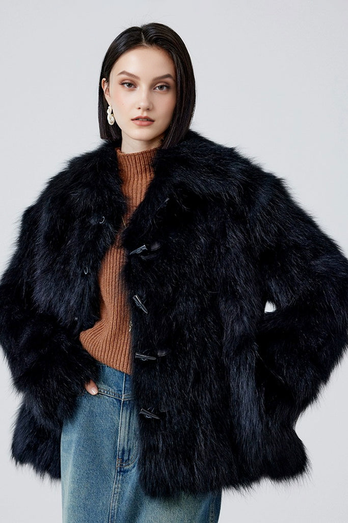 Genuine Fox Fur Toggle Jacket in Black  Fibflx