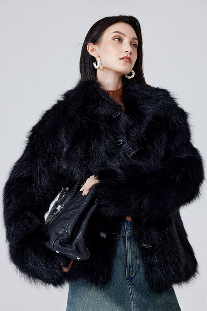 Genuine Fox Fur Toggle Jacket in Black  Fibflx