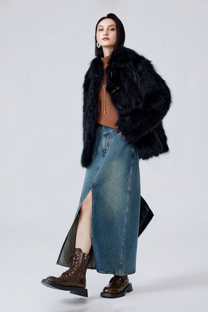 Genuine Fox Fur Toggle Jacket in Black  Fibflx