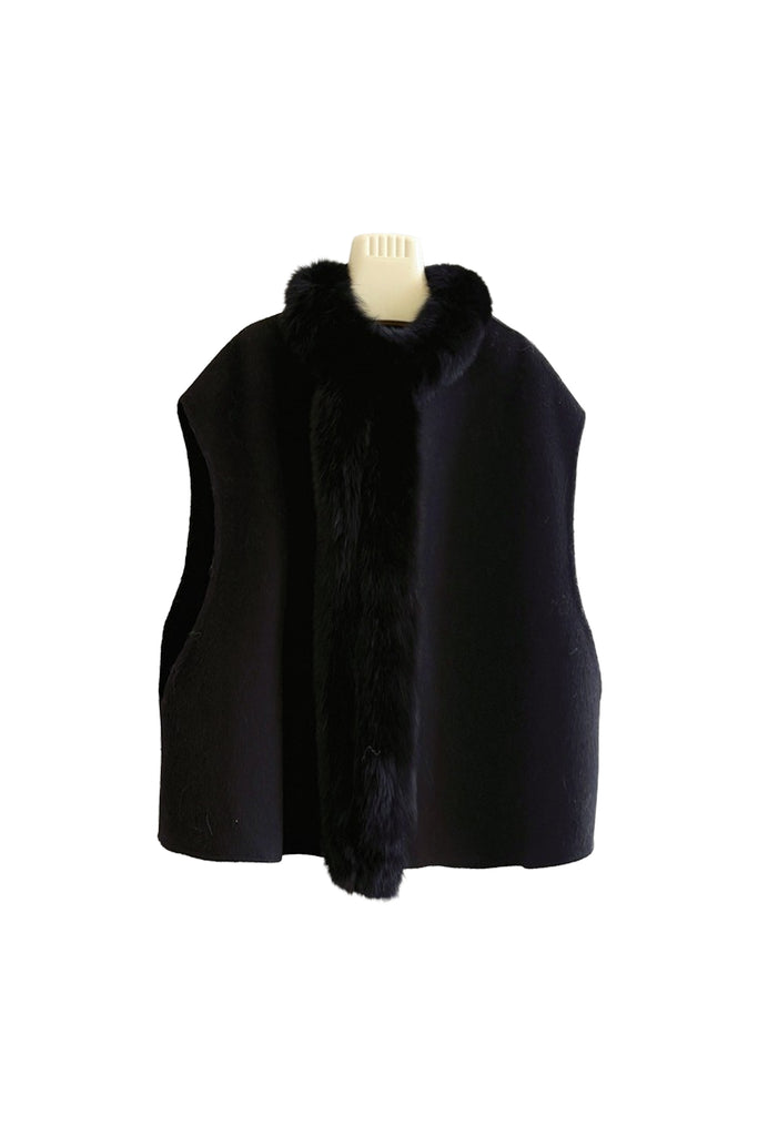 Genuine Fox Fur Trim Wool Cape Black / L Fibflx