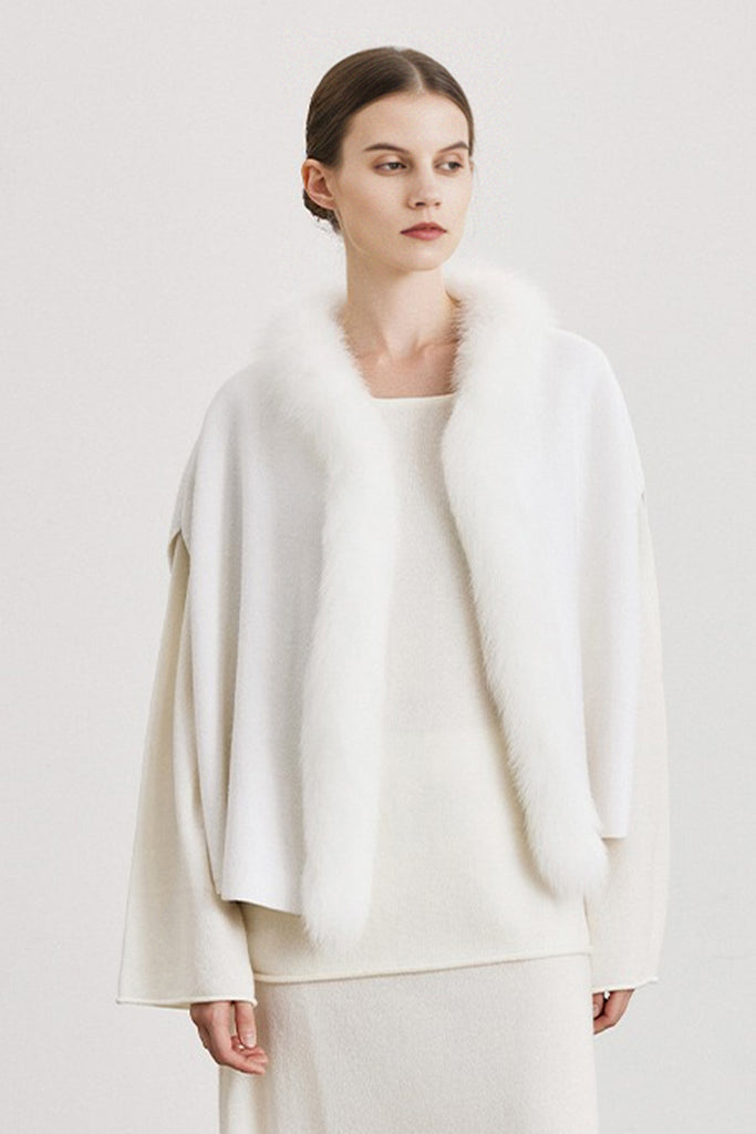 Genuine Fox Fur Trim Wool Cape Off White / L Fibflx