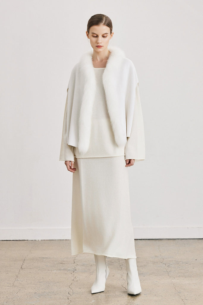 Genuine Fox Fur Trim Wool Cape  Fibflx