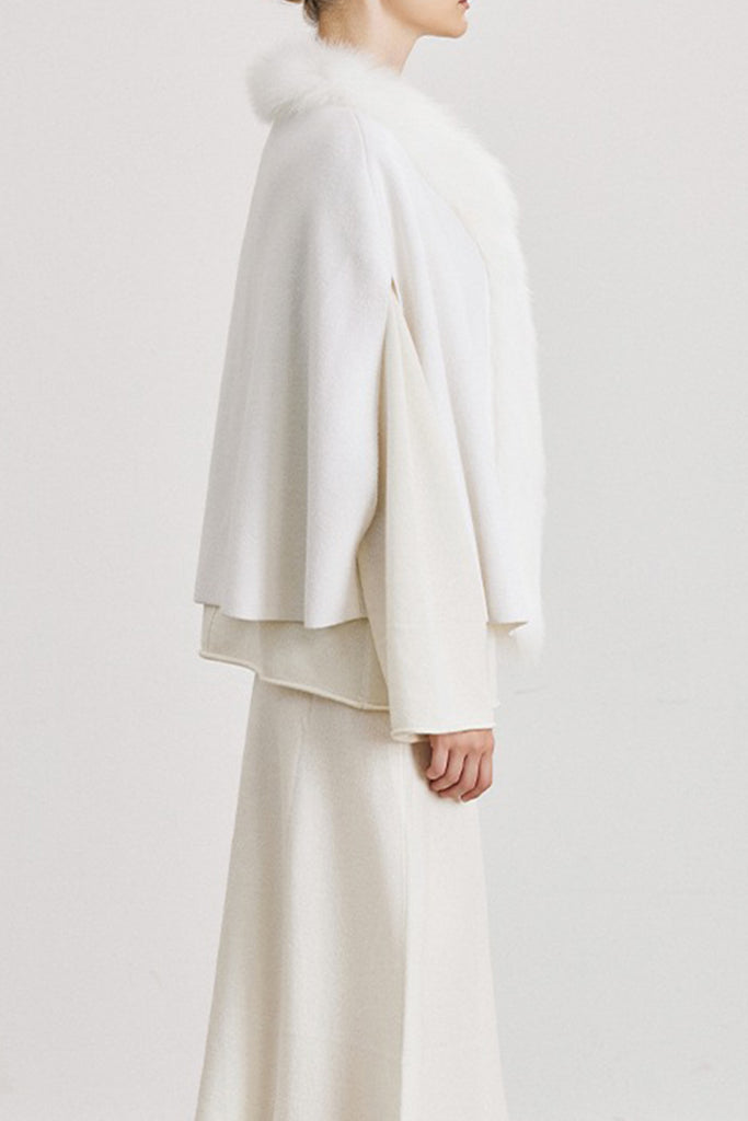 Genuine Fox Fur Trim Wool Cape  Fibflx