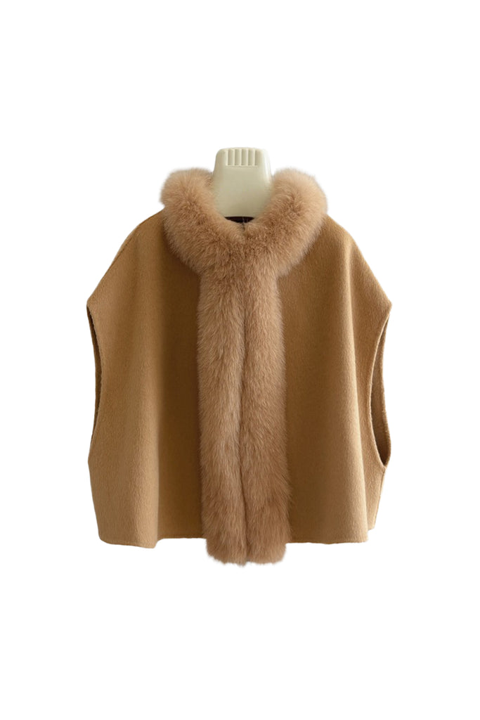 Genuine Fox Fur Trim Wool Cape Spirited Khaki / L Fibflx