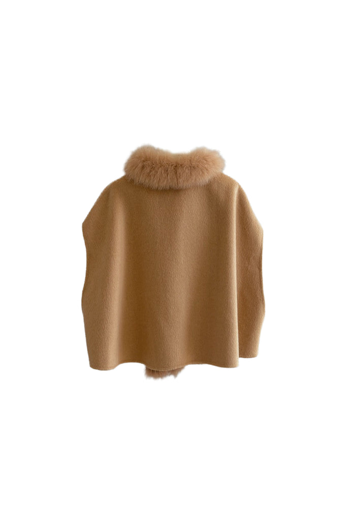 Genuine Fox Fur Trim Wool Cape  Fibflx