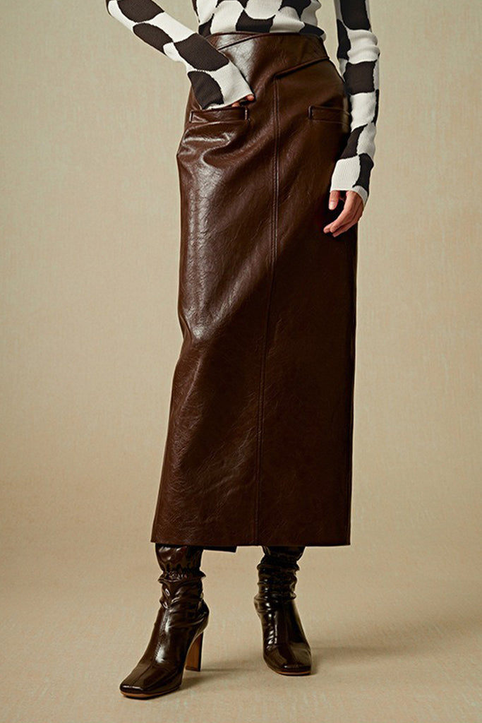 Genuine Leather Elastic-Waist Column Maxi Skirt Reddish Brown / L Fibflx